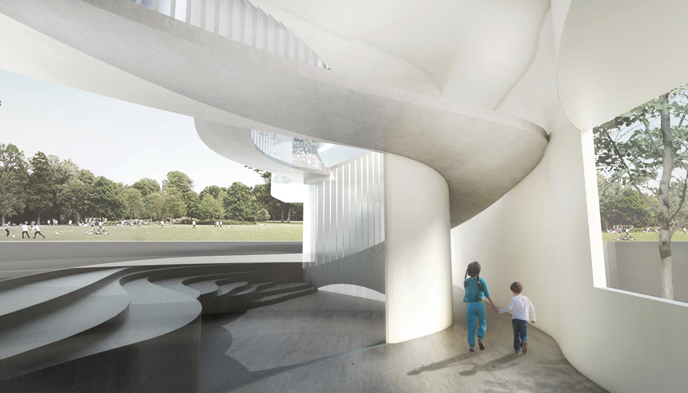 Foyer render of Mitsume Dori showing children running to the play room and the park out side
