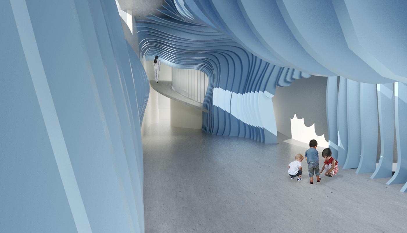 Playroom render of Mitsume Dori showing children playing and adults walking up the ramps